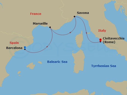 3 Night - Mediterranean from Barcelona to Rome (Civitavecchia) - Costa Fascinosa - Starting in Barcelona, Marseille, Savona, Civitavecchia (Rome) itinerary map