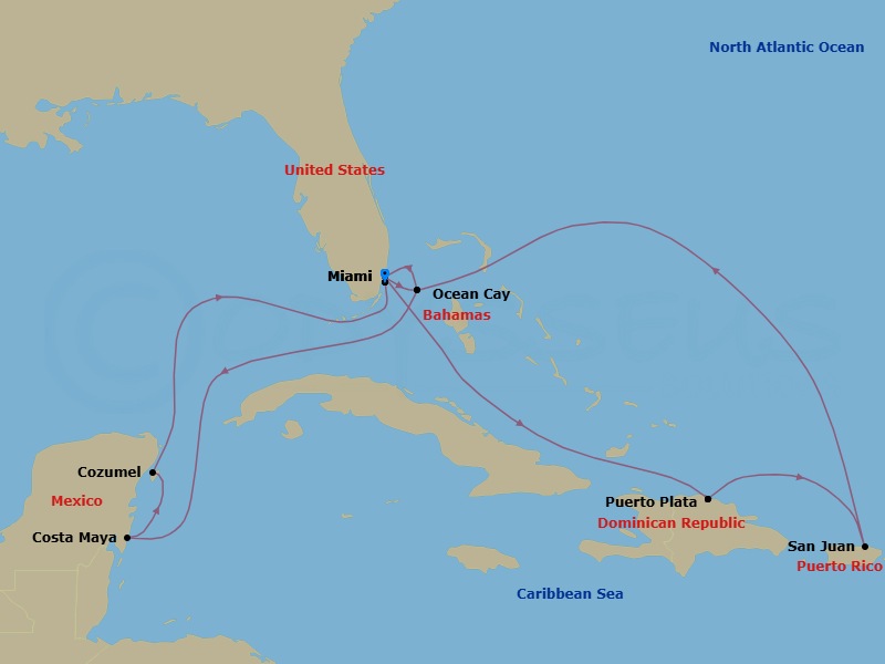 13 Night - Caribbean and Antilles - MSC World America - Starting in Miami, Florida, Ocean Cay Msc Marine Reserve, Bahamas, Costa Maya, Mexico, Cozumel, Mexico, Miami, Florida, Puerto Plata, Dominican Republic, San Juan, Puerto Rico, Ocean Cay Msc Marine Reserve, Bahamas, Miami, Florida itinerary map
