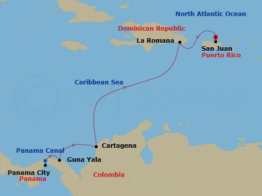 7 Night - Panama City / San Juan - Evrima - Starting in Panama City, Transit Panama Canal, San Blas Islands (Marina Day), Cartagena CO, Casa de Campo, San Juan itinerary map