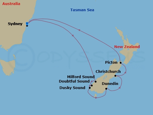 9 Night - New Zealand Cruise - Anthem of the Seas - Starting in Sydney AU, Milford Sound, New Zealand, Doubtful Sound, Dusky Sound, Dunedin, New Zealand, Christchurch, New Zealand, Picton, New Zealand, Sydney AU itinerary map