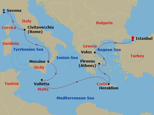 9 Night - Eastern Mediterranean from Savona - Costa Fortuna - Starting in Savona, Civitavecchia (Rome), Messina (Taormina), Malta / La Valletta, Heraklion, Athens (Piraeus), Volos, Istanbul itinerary map