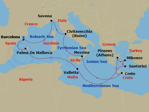 14 Night - Western Mediterranean from Barcelona - Costa Fascinosa - Starting in Barcelona, Palma De Mallorca, Malta / La Valletta, Santorini, Mykonos, Athens (Piraeus), Souda Bay, Messina (Taormina), Civitavecchia (Rome), Savona, Barcelona itinerary map