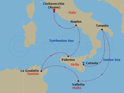 6 Night - Western Mediterranean from Catania - Costa Fascinosa - Starting in Catania, Taranto, Malta / La Valletta, La Goulette, Palermo, Napoli, Civitavecchia (Rome) itinerary map