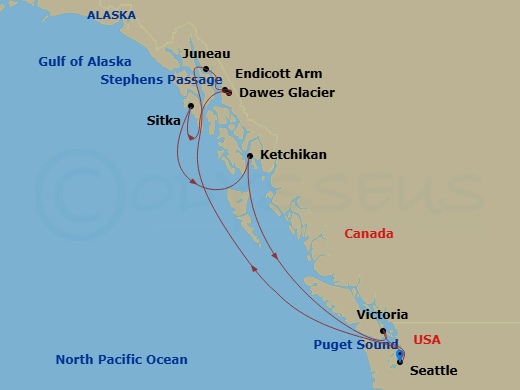 7 Night - Alaska Explorer - Noordam - Starting in Seattle, Washington, Puget Sound, Scenic cruising Stephens Passage, Juneau, Alaska, Scenic cruising Endicott Arm / Dawes Glacier, Sitka, Alaska, Ketchikan, Alaska, Victoria CA, Canada, Seattle, Washington itinerary map