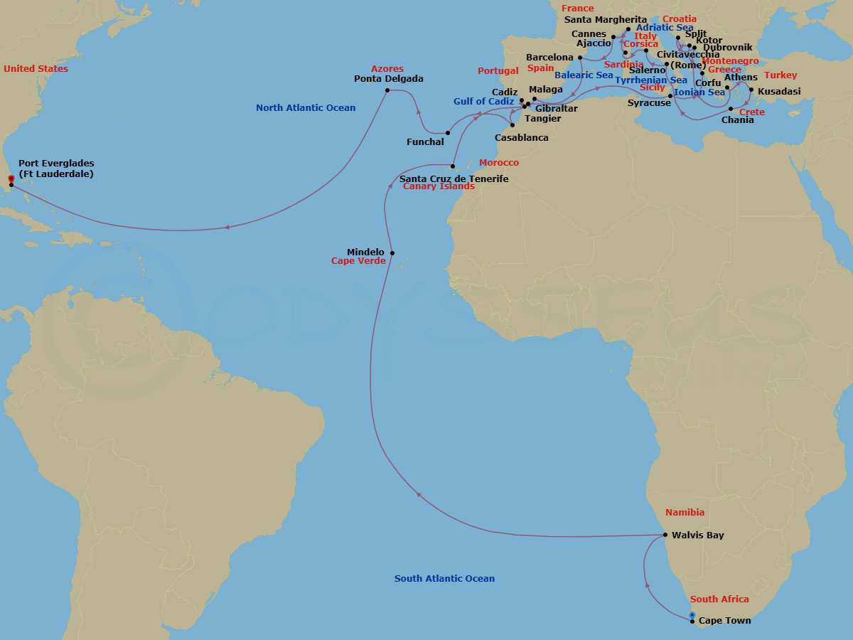 50 Night - World Cruise Liner - Africa & Mediterranean - Coral Princess - Starting in Cape Town, South Africa, Walvis Bay, Namibia, Mindelo, Cape Verde Islands, Santa Cruz de Tenerife, Gibraltar, Siracusa, Italy, Corfu, Greece, Dubrovnik, Croatia, Split, Croatia, Kotor, Montenegro, Athens (Piraeus), Greece, Kusadasi, Turkey (for Ephesus), Crete (Chania), Greece, Amalfi Coast (Salerno), Civitavecchia (for Rome), Italy, Corsica (Ajaccio), France, Santa Margherita, Italy, Cannes (for Monte Carlo), France, Barcelona, Spain, Malaga, Spain, Seville (Cadiz), Spain, Tangier, Morocco, Casablanca, Morocco (for Marrakesh), Madeira (Funchal), Portugal, Azores Islands (Ponta Delgada), Portugal, Fort Lauderdale, Florida itinerary map