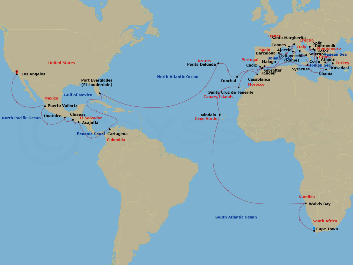 65 Night - World Cruise Liner - Africa, Mediterranean & Panama Canal - Coral Princess - Starting in Cape Town, South Africa, Walvis Bay, Namibia, Mindelo, Cape Verde Islands, Santa Cruz de Tenerife, Gibraltar, Siracusa, Italy, Corfu, Greece, Dubrovnik, Croatia, Split, Croatia, Kotor, Montenegro, Athens (Piraeus), Greece, Kusadasi, Turkey (for Ephesus), Crete (Chania), Greece, Amalfi Coast (Salerno), Civitavecchia (for Rome), Italy, Corsica (Ajaccio), France, Santa Margherita, Italy, Cannes (for Monte Carlo), France, Barcelona, Spain, Malaga, Spain, Seville (Cadiz), Spain, Tangier, Morocco, Casablanca, Morocco (for Marrakesh), Madeira (Funchal), Portugal, Azores Islands (Ponta Delgada), Portugal, Fort Lauderdale, Florida, Cartagena CO, Panama Canal Full Transit Historic Locks, Acajutla, El Salvador, Puerto Chiapas, Mexico, Huatulco, Mexico, Puerto Vallarta, Mexico, Los Angeles, California itinerary map