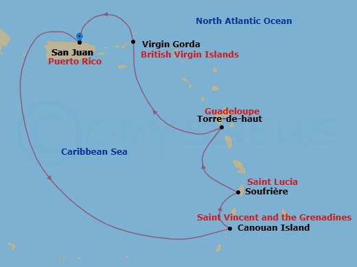 6 Night - San Juan / San Juan - Ilma - Starting in San Juan, Canouan, Soufriere, Terre-De-Haut (Marina Day), Virgin Gorda, San Juan itinerary map
