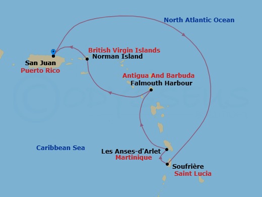 6 Night - San Juan / San Juan - Ilma - Starting in San Juan, Soufriere, Les Anses-dArlet, Falmouth Harbour, Antigua, Norman Island, San Juan itinerary map