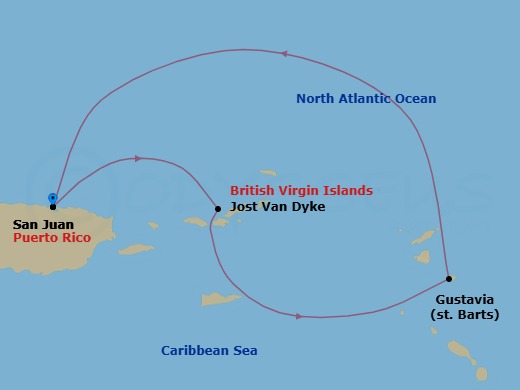 3 Night - San Juan / San Juan - Ilma - Starting in San Juan, Jost Van Dyke, Gustavia, San Juan itinerary map