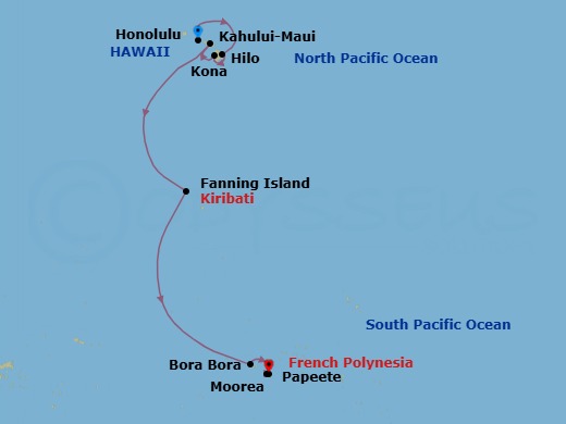 12 Night - Honolulu, Oahu, Hawaii / Papeete, Tahiti - Evrima - Starting in Honolulu, Oahu, Hawaii, Hilo, Hawaii, Kona, Hawaii, Kahului, Maui, Hawaii, Fanning Island, Kiribati, Bora Bora, Moorea, Papeete, Tahiti itinerary map