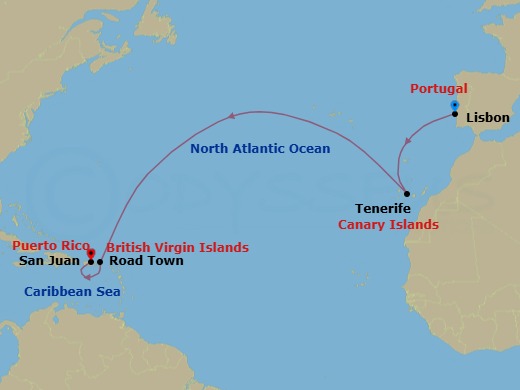 12 Night - Lisbon / San Juan - Evrima - Starting in Lisbon, Tenerife, Canary Islands, Road Town, Tortola, San Juan itinerary map