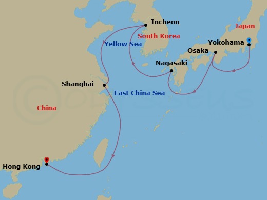 12 Night - Tokyo (Yokohama) / Hong Kong - Luminara - Starting in Tokyo (Yokohama), Osaka, Nagasaki, Incheon (Seoul), Shanghai, Hong Kong itinerary map