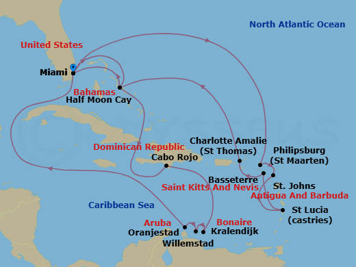20 Night - Southern & Eastern Caribbean : Abc & Leeward Islands - Zuiderdam - Starting in Miami, Florida, RelaxAway, Half Moon Cay, Bahamas, Cabo Rojo, Dominican Republic, Kralendijk, Bonaire, Willemstad AN, Curacao, Oranjestad, Aruba, Miami, Florida, Philipsburg, Sint Maarten, St Johns AG, Antigua, Castries, Saint Lucia, Basseterre, St Kitts and Nevis, St Thomas, US Virgin Islands, RelaxAway, Half Moon Cay, Bahamas, Miami, Florida itinerary map