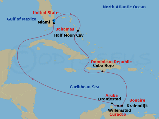 10 Night - Southern Caribbean : Abc Islands - Zuiderdam - Starting in Miami, Florida, RelaxAway, Half Moon Cay, Bahamas, Cabo Rojo, Dominican Republic, Kralendijk, Bonaire, Willemstad AN, Curacao, Oranjestad, Aruba, Miami, Florida itinerary map