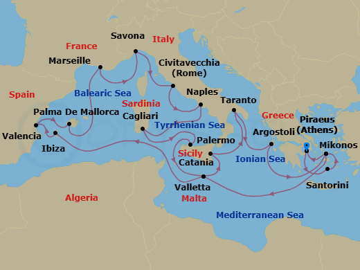 20 Night - Eastern Mediterranean from Athens (Pireo) - Costa Serena - Starting in Athens (Piraeus), Santorini, Mykonos, Malta / La Valletta, Ibiza, Valencia, Palma De Mallorca, Marseille, Savona, Civitavecchia (Rome), Napoli, Cagliari, Palermo, Malta / La Valletta, Catania, Taranto, Argostoli / Cephalonia, Mykonos, Athens (Piraeus) itinerary map