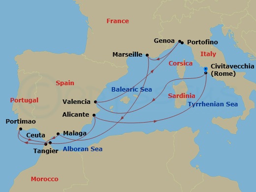 13 Night - Mediterranean - MSC Sinfonia - Starting in Civitavecchia (Rome), Italy, Valencia, Spain, Genoa (Portofino), Italy, Marseille (Provence), France, Malaga (Granada), Spain, Tangier (Tetouan), Morocco, Portimao, Portugal, Ceuta, Spain, Alicante, Spain, Civitavecchia (Rome), Italy itinerary map