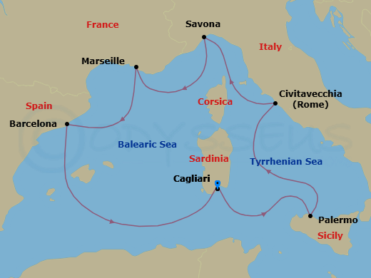 7 Night - Western Mediterranean Roundtrip from Cagliari - Costa Smeralda - Starting in Cagliari, Palermo, Civitavecchia (Rome), Savona, Marseille, Barcelona, Cagliari itinerary map