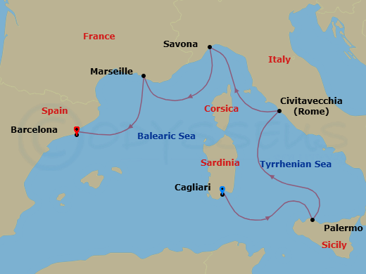 5 Night - Mediterranean from Cagliari to Barcelona - Costa Smeralda - Starting in Cagliari, Palermo, Civitavecchia (Rome), Savona, Marseille, Barcelona itinerary map