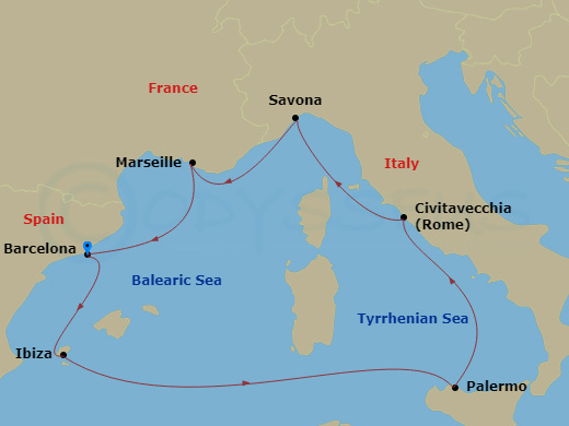 7 Night - Southern Europe Roundtrip from Barcelona - Costa Toscana - Starting in Barcelona, Ibiza, Palermo, Civitavecchia (Rome), Savona, Marseille, Barcelona itinerary map