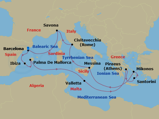 14 Night - Western Mediterranean Roundtrip from Barcelona - Costa Serena - Starting in Barcelona, Ibiza, Palma De Mallorca, Malta / La Valletta, Athens (Piraeus), Santorini, Mykonos, Messina (Taormina), Civitavecchia (Rome), Savona, Barcelona itinerary map