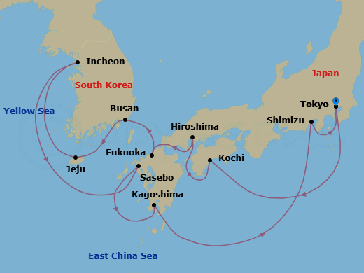 14 Night - Tokyo to Tokyo - Silver Moon - Starting in Tokyo, Kochi, Hiroshima, Fukuoka (Kyushu Island), Busan, Jeju, Incheon (Seoul), Sasebo, Kagoshima (Kyushu Island), Shimizu, Tokyo itinerary map