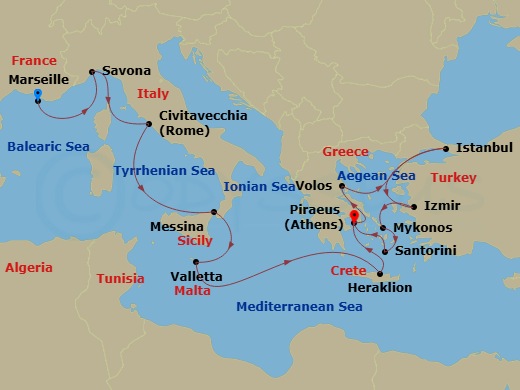 14 Night - Mediterranean from Marseille to Athens (Piraeus) - Costa Fortuna - Starting in Marseille, Savona, Civitavecchia (Rome), Messina (Taormina), Malta / La Valletta, Heraklion, Athens (Piraeus), Volos, Istanbul, Izmir, Mykonos, Santorini, Athens (Piraeus) itinerary map