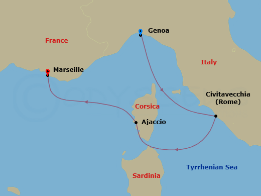 3 Night - Msc Grand Voyages - MSC Seaview - Starting in Genoa (Portofino), Italy, Civitavecchia (Rome), Italy, Ajaccio (Corsica), France, Marseille (Provence), France itinerary map