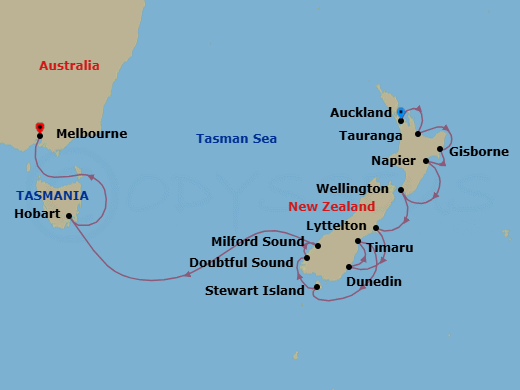 14 Night - Auckland to Melbourne - Silver Moon - Starting in Auckland, Tauranga, Gisborne, Napier, Wellington, Lyttelton (Christchurch), Dunedin (Port Chalmers), Timaru, Stewart Island, Cruising Doubtful Sound, Cruising Milford Sound, Hobart, Tasmania, Melbourne itinerary map