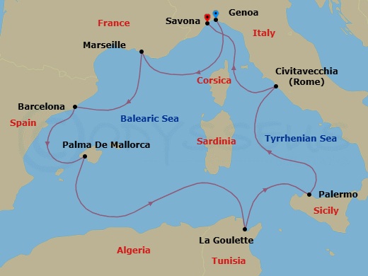 8 Night - Western Mediterranean from Genova - Costa Toscana - Starting in Genoa (Portofino), Marseille, Barcelona, Palma De Mallorca, La Goulette, Palermo, Civitavecchia (Rome), Savona itinerary map