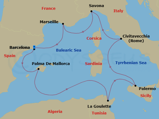 8 Night - Western Mediterranean from Barcelona - Costa Toscana - Starting in Barcelona, Palma De Mallorca, La Goulette, Palermo, Civitavecchia (Rome), Savona, Marseille, Barcelona itinerary map