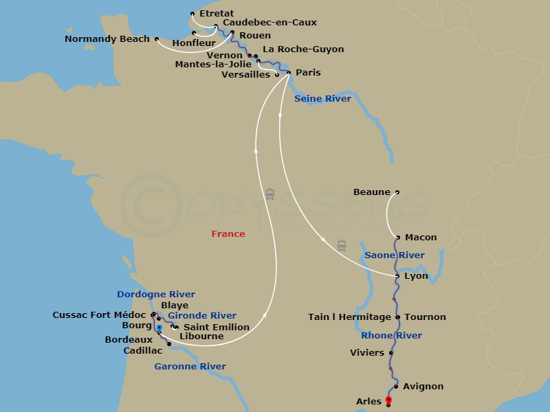 21 Night - Ultimate France - S.S. Joie De Vivre - S.S. Bon Voyage - Starting in Bordeaux, Cadillac, Cussac Fort Medoc, Blaye, Bourg sur Gironde, Libourne (Saint-Emilion), Libourne, Bordeaux, Bordeaux, Bordeaux, Transfer to Paris via High-Speed TGV Train, La Roche-Guyon, Vernon, Giverny, Rouen, Caudebec-en-Caux (Honfleur), Rouen (Normandy Beaches), Mantes-la-Jolie (Versailles), Paris, Paris, Transfer to Lyon via High-Speed TGV Train, Lyon, Macon (Beaune), Tain-lHermitage (Tournon), Viviers, Avignon, Avignon, Arles itinerary map