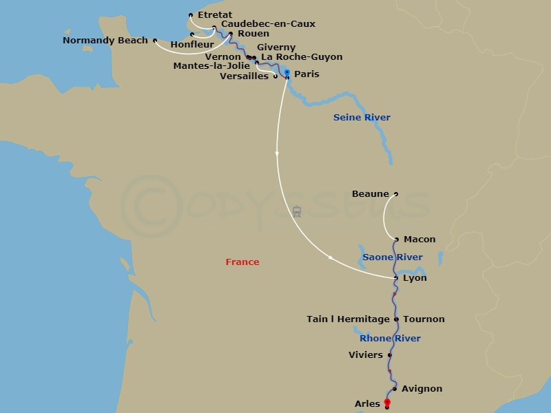 14 Night - Grand France - S.S. Joie de Vivre - Starting in Paris, La Roche-Guyon, Vernon, Giverny, Rouen, Caudebec-en-Caux (Honfleur), Rouen (Normandy Beaches), Mantes-la-Jolie (Versailles), Paris, Paris, Transfer to Lyon via High-Speed TGV Train, Lyon, Macon (Beaune), Tain-lHermitage (Tournon), Viviers, Avignon, Avignon, Arles itinerary map