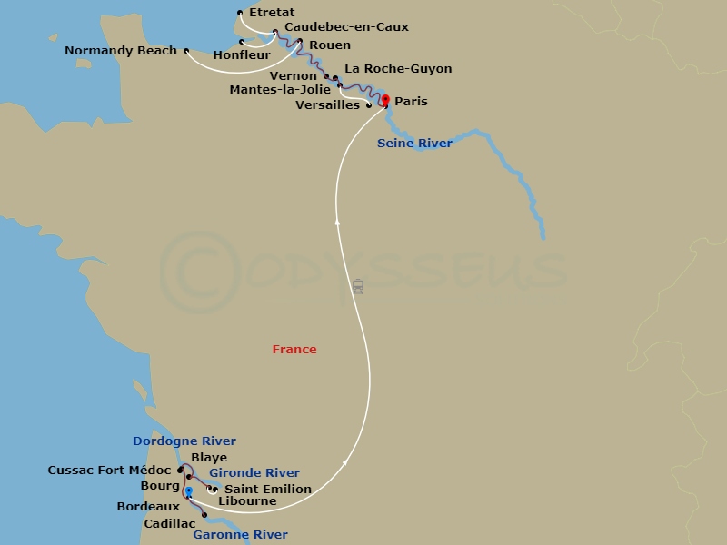 14 Night - A Portrait of Majestic France - S.S. Bon Voyage - Starting in Bordeaux, Cadillac, Cussac Fort Medoc, Blaye, Bourg sur Gironde, Libourne (Saint-Emilion), Libourne, Bordeaux, Bordeaux, Bordeaux, Transfer to Paris via High-Speed TGV Train, La Roche-Guyon, Vernon, Giverny, Rouen, Caudebec-en-Caux (Honfleur), Rouen (Normandy Beaches), Mantes-la-Jolie (Versailles), Paris itinerary map