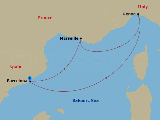 3 Night - Western Mediterranean Roundtrip from Barcelona - Costa Smeralda - Starting in Barcelona, Genoa (Portofino), Marseille, Barcelona itinerary map