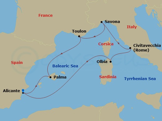 7 Night - Western Mediterranean from Alicante - Costa Pacifica - Starting in Alicante, Olbia, Civitavecchia (Rome), Savona, La Seyne (St Tropez), Palma De Mallorca, Alicante itinerary map