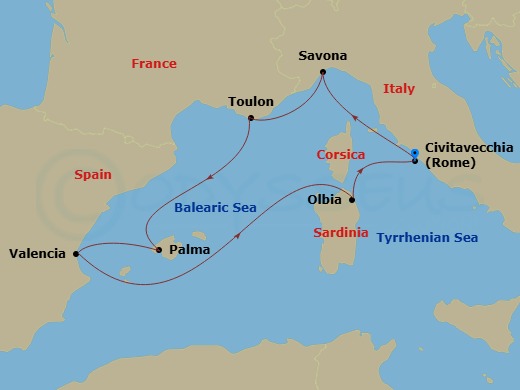 7 Night - Western Mediterranean from Civitavecchia - Costa Pacifica - Starting in Civitavecchia (Rome), Savona, La Seyne (St Tropez), Palma De Mallorca, Valencia, Olbia, Civitavecchia (Rome) itinerary map