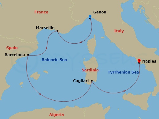 5 Night - Western Mediterranean from Genova - Costa Toscana - Starting in Genoa (Portofino), Marseille, Barcelona, Cagliari, Napoli itinerary map