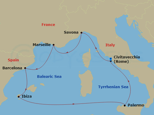 7 Night - Western Mediterranean from Civitavecchia - Costa Smeralda - Starting in Civitavecchia (Rome), Savona, Marseille, Barcelona, Ibiza, Palermo, Civitavecchia (Rome) itinerary map