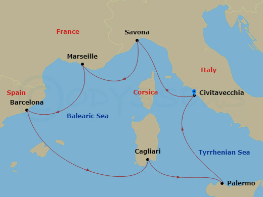 7 Night - Western Mediterranean from Civitavecchia - Costa Pacifica - Starting in Civitavecchia (Rome), Savona, Marseille, Barcelona, Cagliari, Palermo, Civitavecchia (Rome) itinerary map