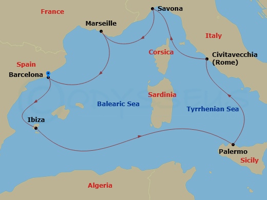 8 Night - Western Mediterranean from Barcelona - Costa Smeralda - Starting in Barcelona, Ibiza, Palermo, Civitavecchia (Rome), Savona, Marseille, Ibiza, Barcelona itinerary map