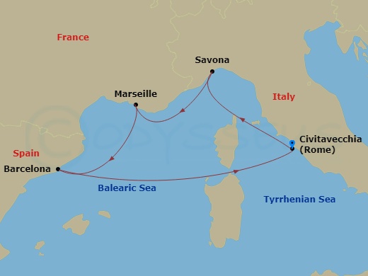 5 Night - Western Mediterranean from Civitavecchia - Costa Smeralda - Starting in Civitavecchia (Rome), Savona, Marseille, Barcelona, Civitavecchia (Rome) itinerary map