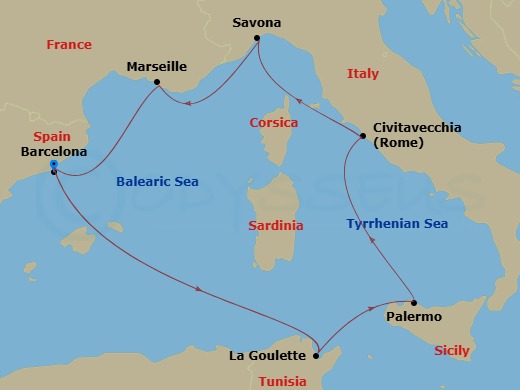 7 Night - Western Mediterranean from Barcelona - Costa Smeralda - Starting in Barcelona, La Goulette, Palermo, Civitavecchia (Rome), Savona, Marseille, Barcelona itinerary map