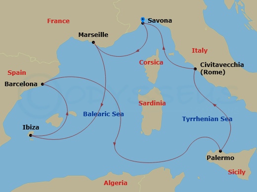 7 Night - Western Mediterranean from Savona - Costa Smeralda - Starting in Savona, Marseille, Ibiza, Barcelona, Palermo, Civitavecchia (Rome), Savona itinerary map