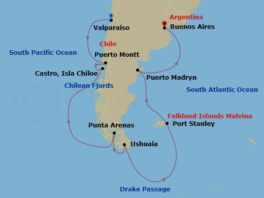 17 Night - Valparaiso to Buenos Aires - Silver Shadow - Starting in Valparaiso, Puerto Montt, Castro, Cruise Chilean Fjords, Punta Arenas, Ushuaia, Port Stanley, Falkland Islands, Puerto Madryn, Buenos Aires itinerary map