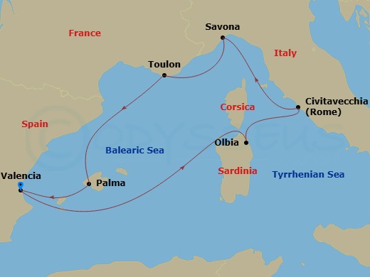 7 Night - Western Mediterranean from Valencia - Costa Pacifica - Starting in Valencia, Olbia, Civitavecchia (Rome), Savona, La Seyne (St Tropez), Palma De Mallorca, Valencia itinerary map
