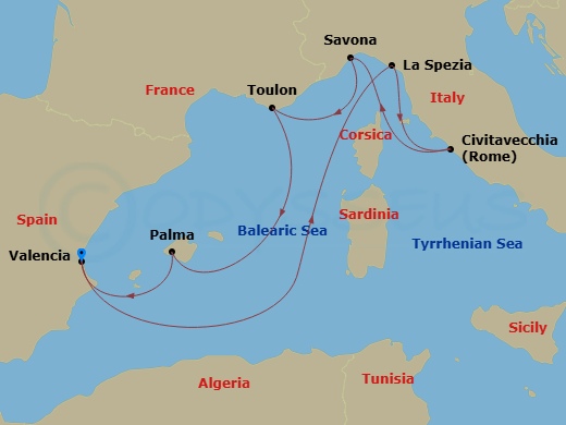 7 Night - Western Mediterranean from Valencia - Costa Pacifica - Starting in Valencia, La Spezia (Florence), Civitavecchia (Rome), Savona, La Seyne (St Tropez), Palma De Mallorca, Valencia itinerary map