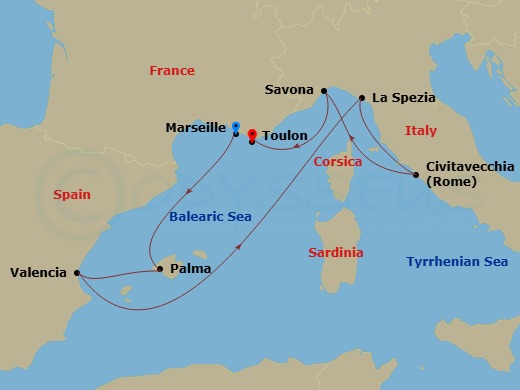 7 Night - Western Mediterranean from Marseille - Costa Pacifica - Starting in Marseille, Palma De Mallorca, Valencia, La Spezia (Florence), Civitavecchia (Rome), Savona, La Seyne (St Tropez) itinerary map