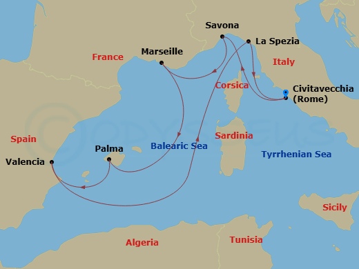 7 Night - Western Mediterranean from Civitavecchia - Costa Pacifica - Starting in Civitavecchia (Rome), Savona, Marseille, Palma De Mallorca, Valencia, La Spezia (Florence), Civitavecchia (Rome) itinerary map