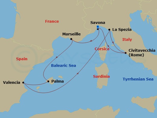 7 Night - Western Mediterranean from Savona - Costa Pacifica - Starting in Savona, Marseille, Palma De Mallorca, Valencia, La Spezia (Florence), Civitavecchia (Rome), Savona itinerary map