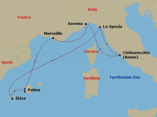 7 Night - Western Mediterranean from Palma De Mallorca - Costa Pacifica - Starting in Palma De Mallorca, Ibiza, La Spezia (Florence), Civitavecchia (Rome), Savona, Marseille, Palma De Mallorca itinerary map